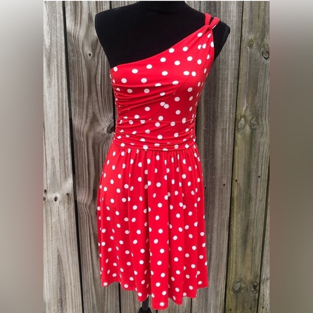 Vintage Moa Moa Red One Shoulder Fit & Flare Dress with White Polka Dots Size M